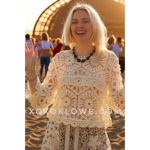 POL Cream Crochet Top | Boho Bell Sleeve Knit | Festival Cottagecore Vibe